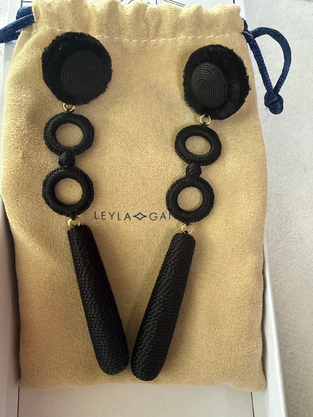 Leyla Gans Amelie Wrapped Cord Drop Earrings Black gold accents $160 New in box